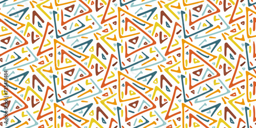 Bright tribal seamless pattern with doodle overlay colorful blue, red and orange triangles. Trendy ethnic geometric texture with hand drawn shapes for textile, wrapping paper, surface, wallpaper