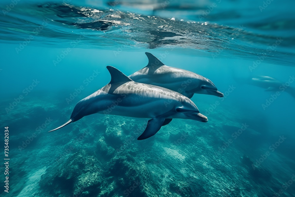 Dolphins swim in sea water
