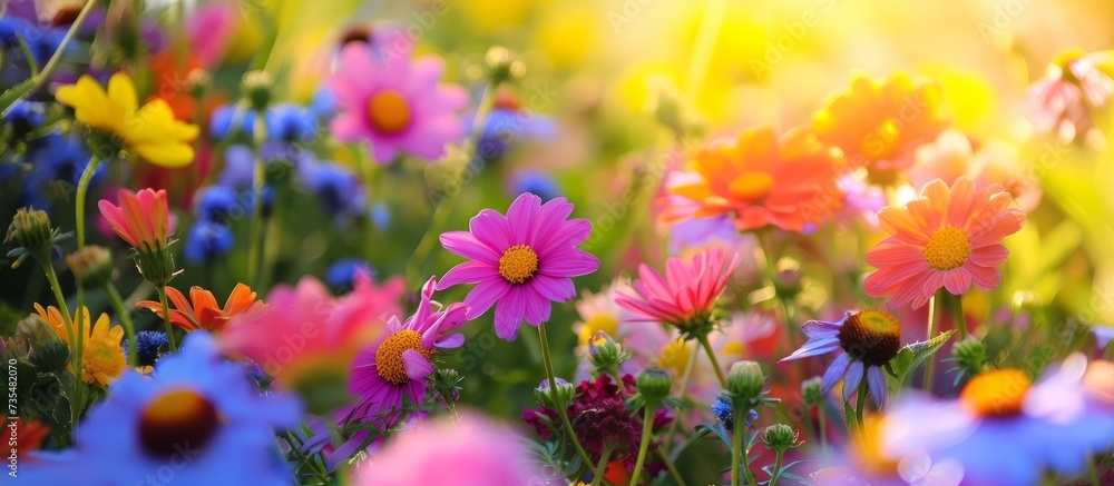 Vibrant and colorful assortment of blooming flowers shining beautifully under the warm sun