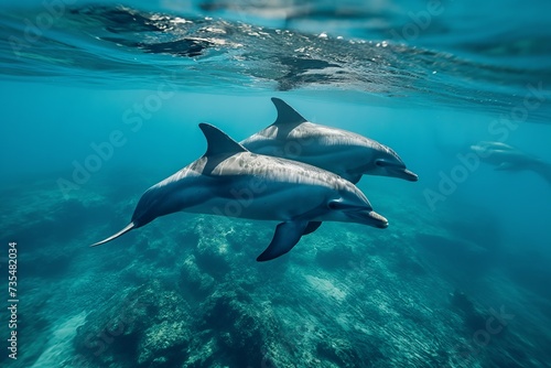 Dolphins swim in sea water © Тамара Печеная