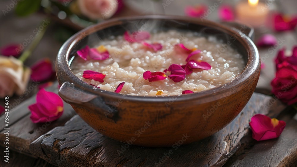 scene featuring a pot of simmering congee with rose petals floating on top, capturing the fusion of flavors and aromas scene featuring a pot of simmering congee with rose petals floating on top, capturing the fusion of flavors and aromas
