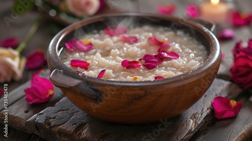 scene featuring a pot of simmering congee with rose petals floating on top, capturing the fusion of flavors and aromas