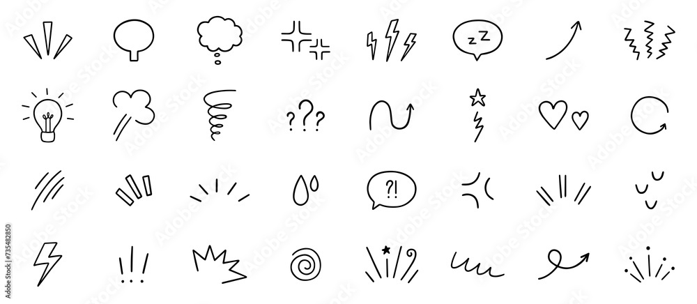 Expression sign, Anime manga doodle set. Comic decorative brush stroke lines, design elements, emotion symbols, movement in sketch style. Hand drawn vector illustration isolated on white background Expression sign, Anime manga doodle set. Comic decorative brush stroke lines, design elements, emotion symbols, movement in sketch style. Hand drawn vector illustration isolated on white background