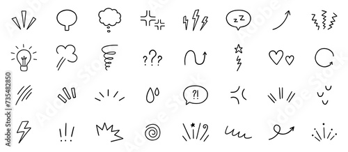 Expression sign, Anime manga doodle set. Comic decorative brush stroke lines, design elements, emotion symbols, movement in sketch style. Hand drawn vector illustration isolated on white background