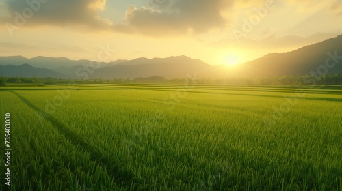 Beautiful green young paddy rice field and wide golden sky in rainy season  natural landscape countryside scene. Farmland scenic. Sunset or sunrise.