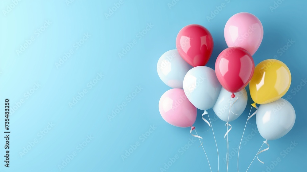 Bunch of bright balloons on light blue background, space for text. Banner design