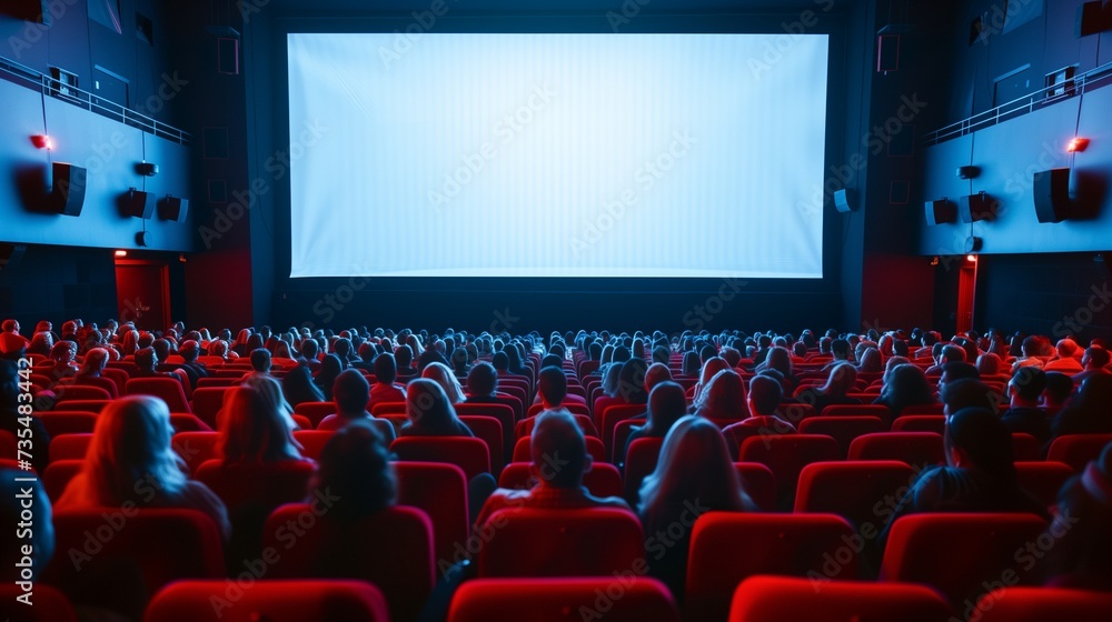 Cinema blank wide screen and people in red chairs in the cinema hall, blurred People silhouettes watching movie performance. Cinema blank wide screen and people in red chairs in the cinema hall, blurred People silhouettes watching movie performance.