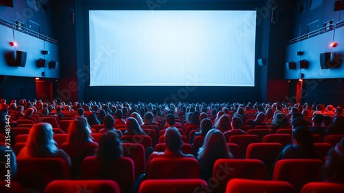 Cinema blank wide screen and people in red chairs in the cinema hall, blurred People silhouettes watching movie performance.