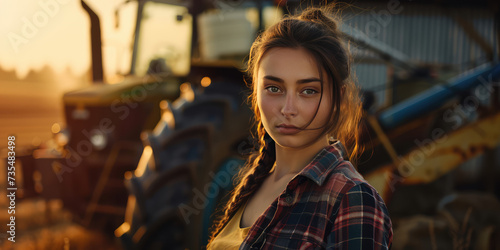 Portrait of Young Farmer Woman in Field with Tractor. Confident female farmer in front of harvesting equipment on a harvested countryside field.