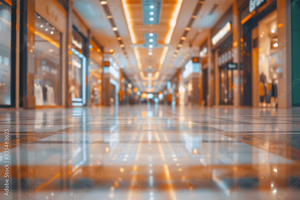 Blurred view of busy mall corridor with shimmering lights and modern architecture