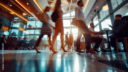 Busy corporate lobby with silhouettes of professionals and abstract sunlight reflections