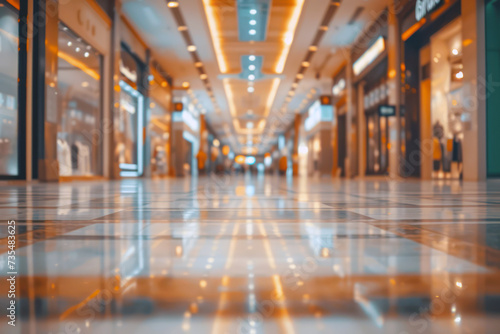 Blurred view of busy mall corridor with shimmering lights and modern architecture