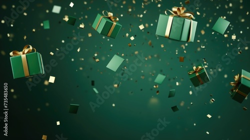 green gift, confetti flying and falling. festive, christmas texture, blue background. birthday card. place for text. © Svetlana
