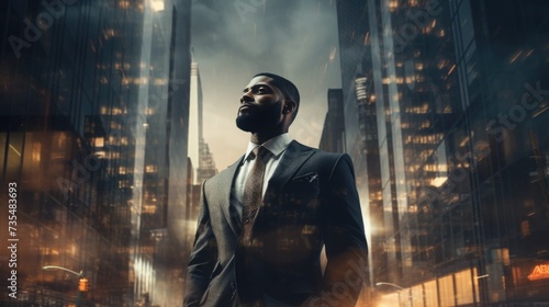 confident African American man in a business suit on the background of office buildings. businessman in a white shirt