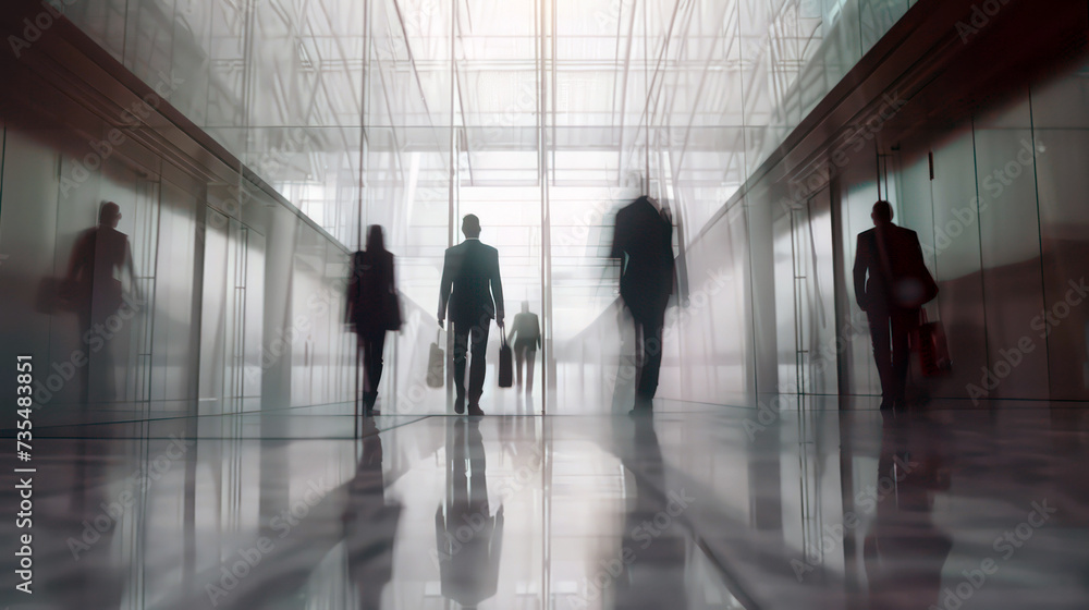 Modern hallway interior with defocused bokeh lights and shiny floor reflections Modern hallway interior with defocused bokeh lights and shiny floor reflections