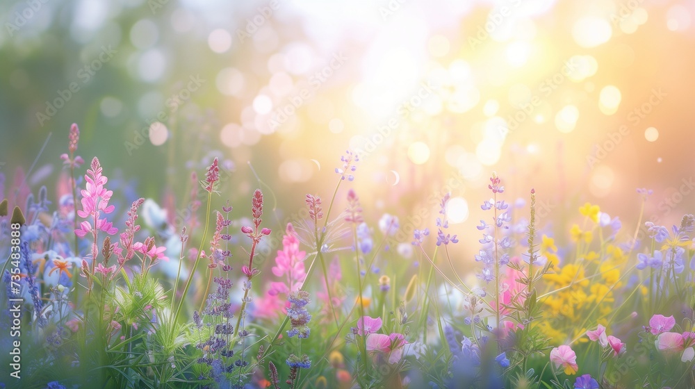Gorgeous, vibrant meadow filled with wild flowers with a blurred background and a panorama including purple and pink flowers at dusk, beautiful soft pastel nature copy space
