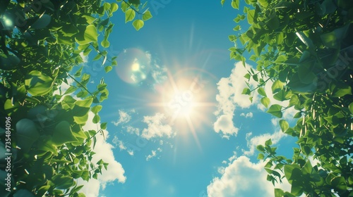 Natural sun flare with blue clouds sky and green leaves