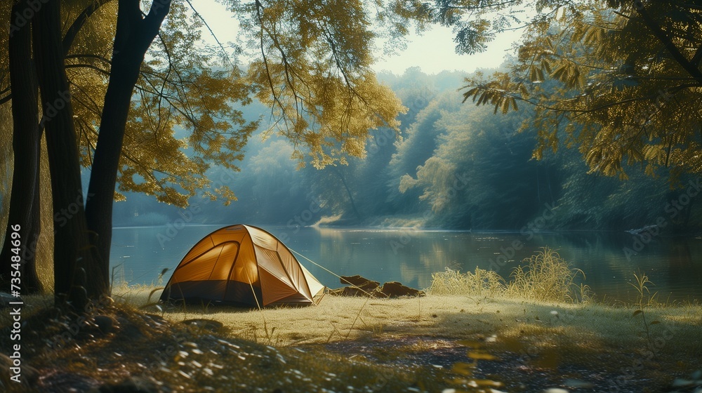 Tent camping in the woodland near the river