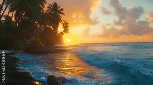 Sunrise Wave, Tropical Island Atoll, Nature Untouched Paradise