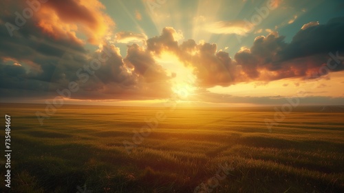 Sunset and big sky with cloud over fields of farmland