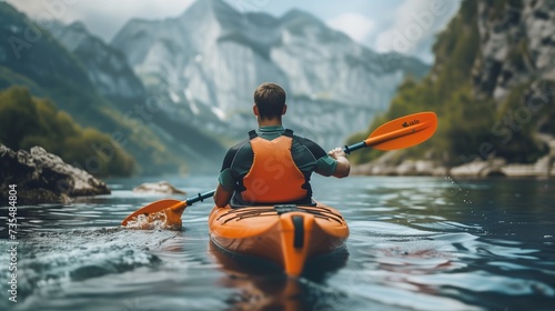 Whitewater kayaking, extreme kayaking, a guy in a kayak sails on a mountain river