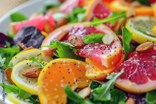 Colorful citrus salad with fresh ingredients and almonds