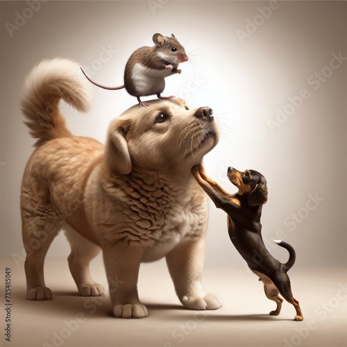mouse, cat, strong, paw, dog, lift, camaraderie, stand, legs, maintaining, bond, tail, whimsical, friendship, support, neutral, balance, bewildered, unusual, pyramid © Yaraslava