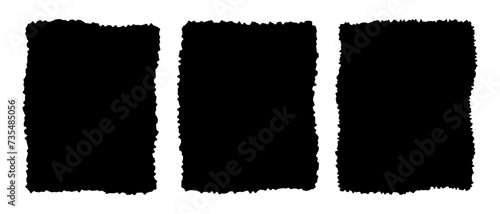 Set of torn paper pieces textures. Black rectangle shapes with ripped edges. Empty jagged text box, label, tag, patch, collage element templates isolated on white background. Vector flat illustration