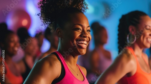 Energetic African American Woman Smiling in Dance Fitness Class