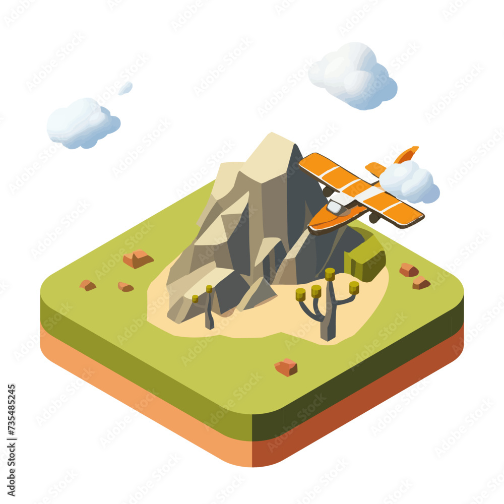 Isometric Illustration of a Rocky Plateau Landscape with Passing Airplane in Perspective View Isometric Illustration of a Rocky Plateau Landscape with Passing Airplane in Perspective View