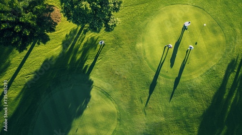 An overhead perspective capturing players on the golf course photo