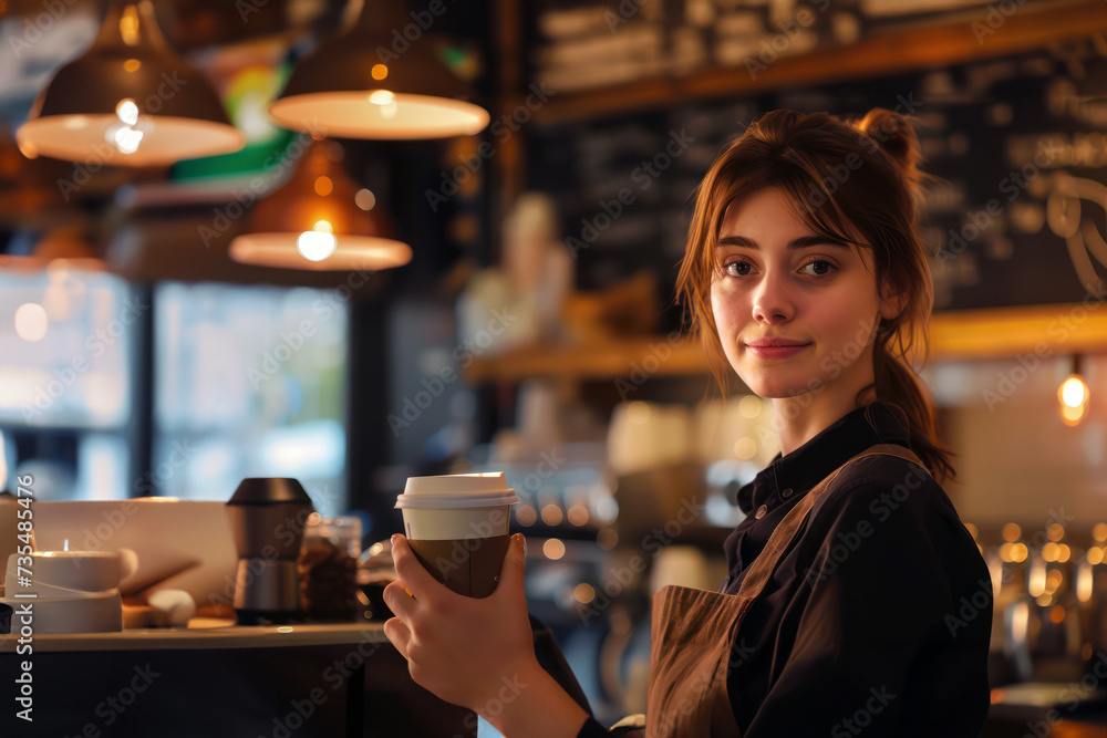 Friendly barista serving warm takeout coffee in a cozy cafe setting Friendly barista serving warm takeout coffee in a cozy cafe setting