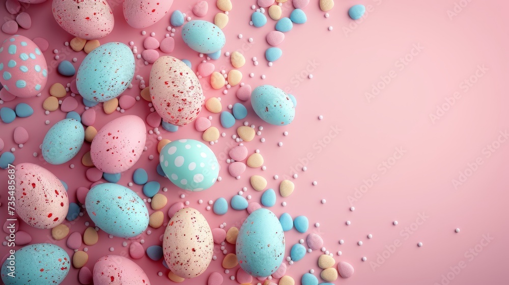 Colorful Easter eggs among candies on pink pastel background and space for text. Festive Easter decoration with patterned eggs and sweet confections.