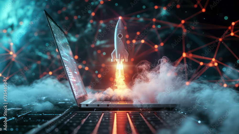 Innovative digital launch concept with rocket taking off from laptop ...