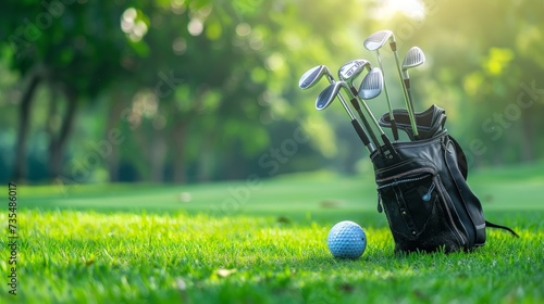 A golf ball and club rest inside a bag on lush green grass photo