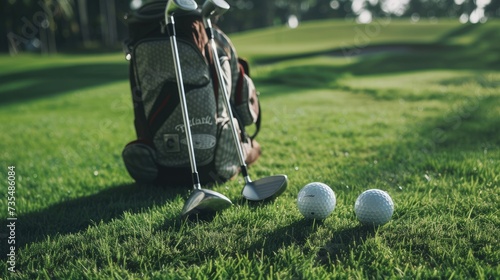 A golf ball and club rest inside a bag on lush green grass photo