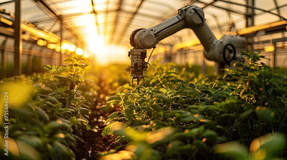 robotic arm tending plants in a large-scale greenhouse, background,