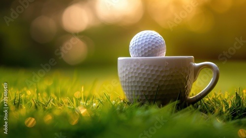 A golf ball resting on the lip of a cup photo