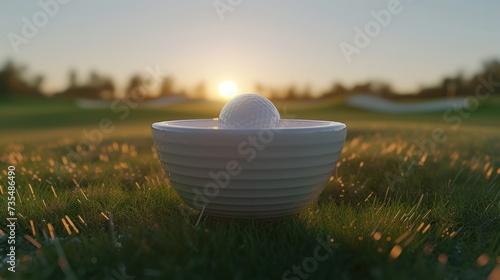 A golf ball resting on the lip of a cup photo