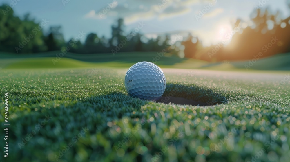 A lovely golf ball poised on the lip of a cup on a beautiful golf course - obrazy, fototapety, plakaty 