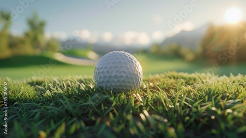 A lovely golf ball poised on the lip of a cup on a beautiful golf course photo