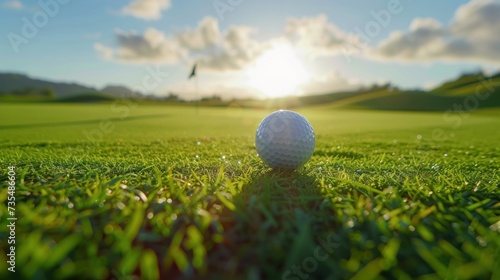 A lovely golf ball poised on the lip of a cup on a beautiful golf course