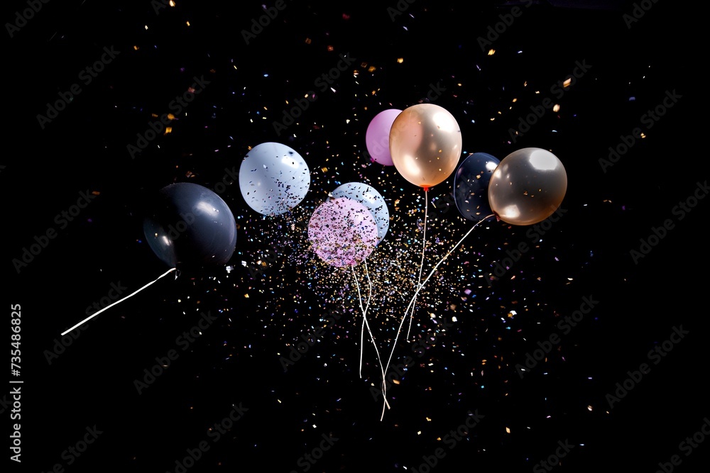 Fototapeta premium flying party and Holiday decoration and balloons with confetti in the air on black