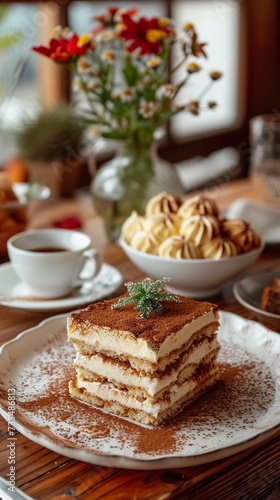 A meticulously assembled tiramisu rests on the table  exuding the irresistible aroma of coffee and cocoa. Tiramisu with layers of mascarpone cream and biscuits soaked in coffee.