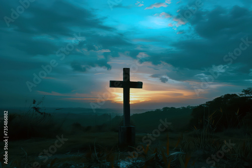 Tranquil sunset with silhouette of a cross symbolizing faith and spirituality