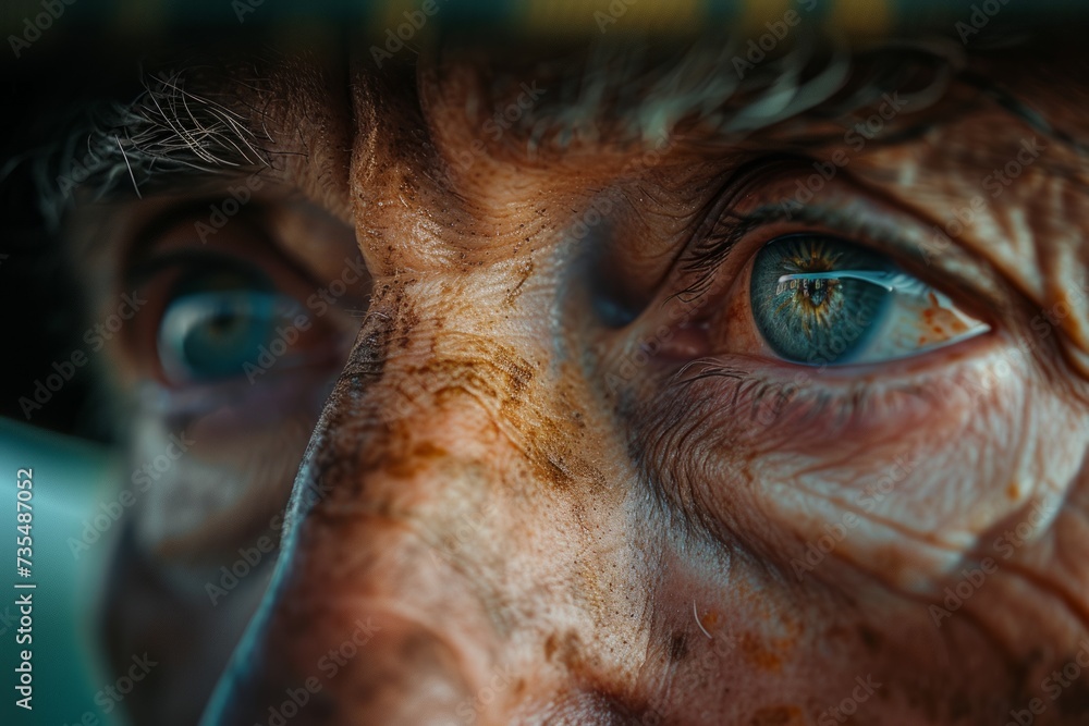 Close up of a man's intense eyes, skin etched with dirt and experience, revealing a story of perseverance and rugged determination in harsh conditions Close up of a man's intense eyes, skin etched with dirt and experience, revealing a story of perseverance and rugged determination in harsh conditions