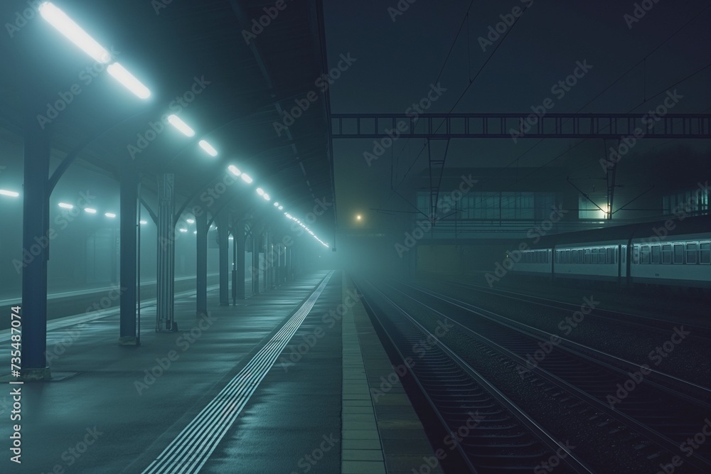 Railway station at night. Platform in fog.