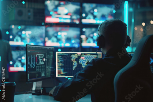 Cybersecurity team monitoring network in high-tech security operations center photo