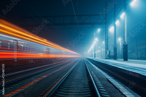 Railway station at night with Motion blur effect. Platform in fog.