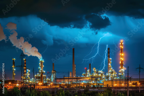 Dramatic industrial skyline under lightning storm at night